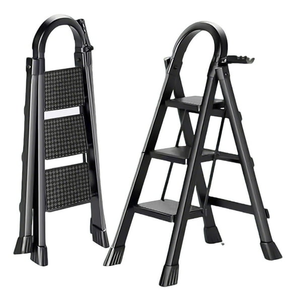 Qingsen 3 Step Ladder Folding Step Stool, 220lb Load Capacity & Steel Wide Anti-Slip Pedals, Multi-Use Sturdy Step Ladder for Home Kitchen, black