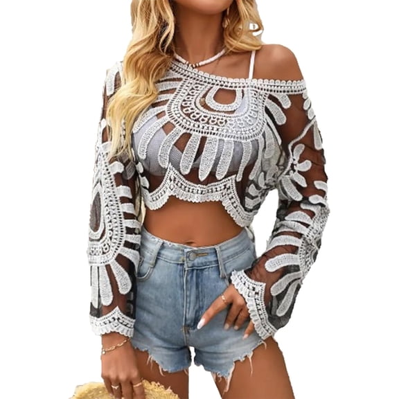 GvuoFny Women's Floral Embroidered Semi-Sheer Cover Up, Long Sleeve Round Neck Lace Sun Protection Duster Mesh Design