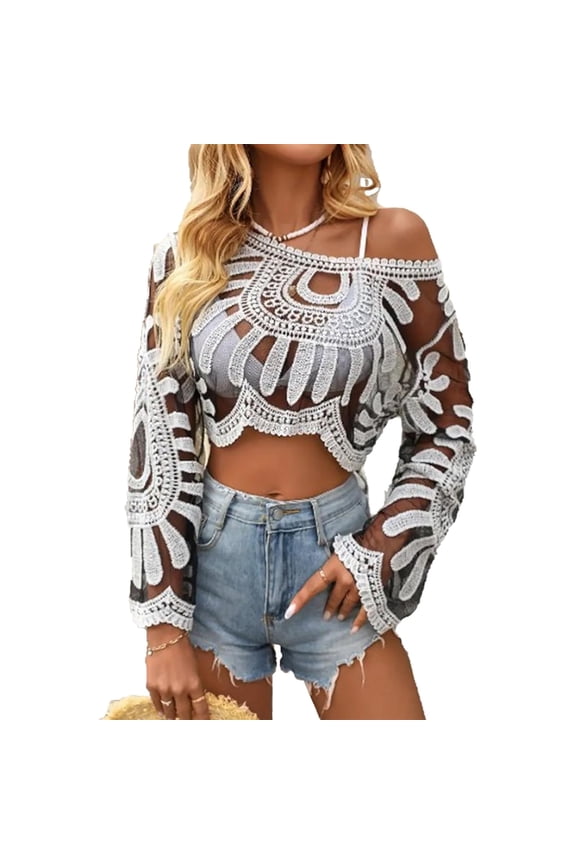 Women's Floral Embroidered Semi-Sheer Cover Up, Long Sleeve Round Neck Lace Sun Protection Duster Mesh Design