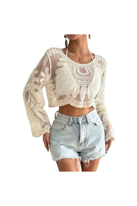Women's Floral Embroidered Semi-Sheer Cover Up, Long Sleeve Round Neck Lace Sun Protection Duster Mesh Design