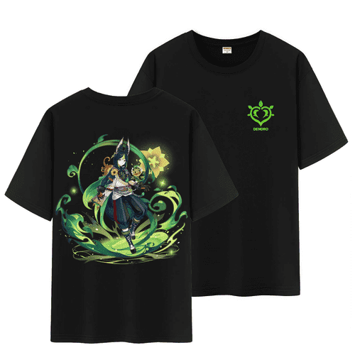 Qingyee Genshin Impact Unisex Full Wishes and Element Double Side Print 100% Cotton Daily Medium Weight Short Sleeve T Shirt