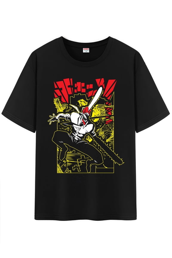 Unisex Anime Character Pattern Cotton T-Shirt,Chainsaw Man Character Impression Short Sleeve Tee Shirt