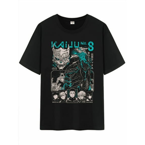Qingyee Unisex Anime Character Pattern Cotton T-Shirt,Kaiju No. 8 Character Impression Short Sleeve Tee Shirt