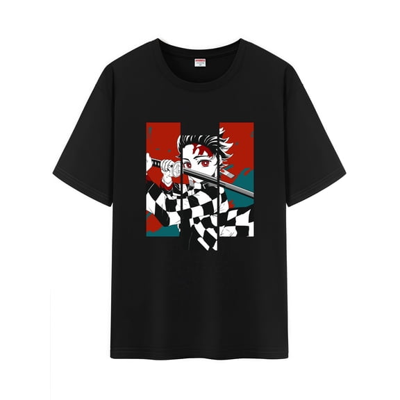 Qingyee Unisex Anime Character Pattern Cotton T-Shirt,Tanjirou Demon Slayer Character Impression Short Sleeve Tee Shirt