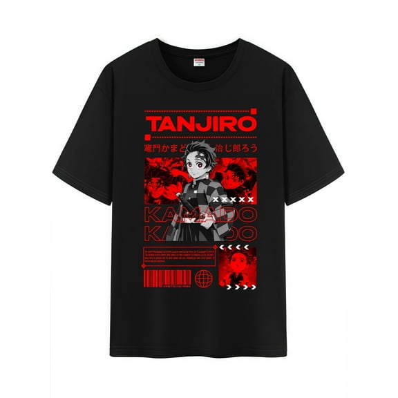 Qingyee Unisex Anime Character Pattern Cotton T-Shirt,Tanjirou Demon Slayer Character Impression Short Sleeve Tee Shirt