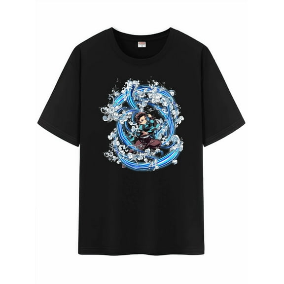 Qingyee Unisex Anime Tanjirou Water Breathing Pattern Cotton T-Shirt,Demon Slayer Short Sleeve Tee Shirt
