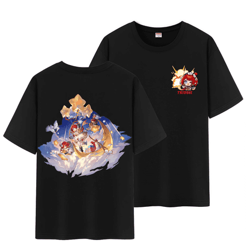 Qingyee Unisex Honkai Star Rail All Character's Splash Art and Cute Pom-Pom Graphic Cotton Short Sleeve T Shirt