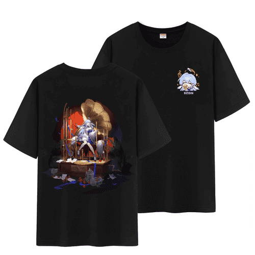 Qingyee Unisex Honkai Star Rail All Character's Splash Art and Cute Pom-Pom Graphic Cotton Short Sleeve T Shirt