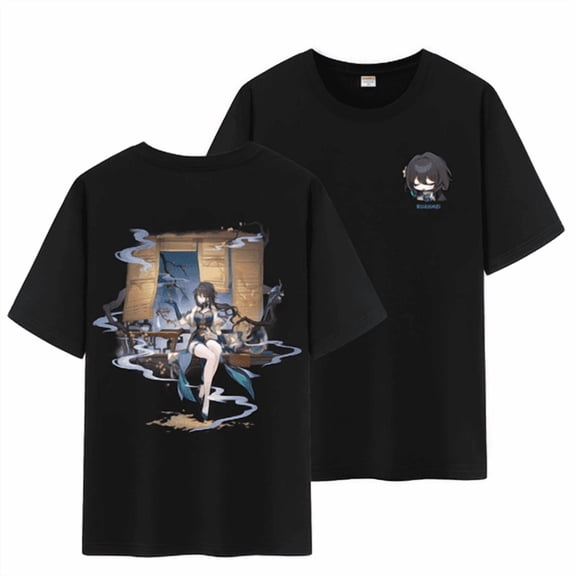 Qingyee Unisex Honkai Star Rail All Character's Splash Art and Cute Pom-Pom Graphic Cotton Short Sleeve T Shirt