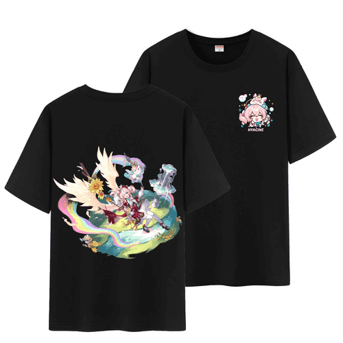 Qingyee Unisex Honkai Star Rail All Character's Splash Art and Cute Pom-Pom Graphic Cotton Short Sleeve T Shirt