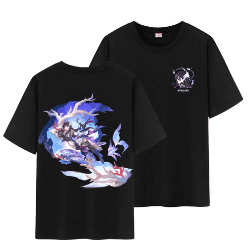 Qingyee Unisex Honkai Star Rail All Character's Splash Art and Cute Pom-Pom Graphic Cotton Short Sleeve T Shirt