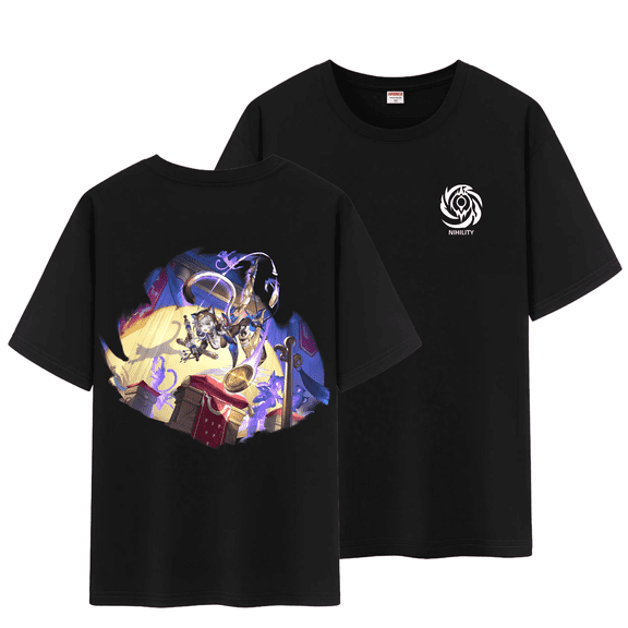 Qingyee Unisex Honkai Star Rail Splash Art and Path Double Side Graphic 100% Cotton Medium Weight Short Sleeve T Shirt