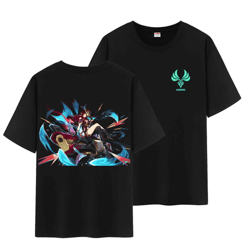 Qingyee Genshin Impact Unisex Full Wishes and Element Double Side Print 100% Cotton Daily Medium Weight Short Sleeve T Shirt