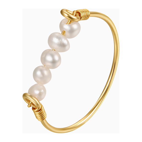 Qingyeji Freshwater Pearl Ring for Women in 14K Yellow Gold Plate for Anniversary Wedding, Size 6