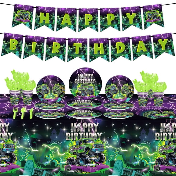 Qinyoung 172 Pieces Truck Party Decorations Set Happy Truck Birthday Tableware Theme Disposable Dinnerware Tableware Kit Serves for 24 Guests Themed Birthday Party Supplies A101