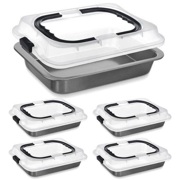 Qinyoung 4 Pcs Cake Baking Pan with Lid and Handle, 9 x 13 Inch Non-stick Rectangle Sheet Cake Pan Carrier for Brownie Roasting Cooking Baking (Black Gray)