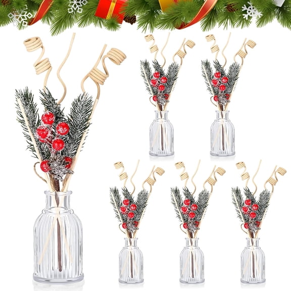 Qinyoung 6 Sets Christmas Reed Diffuser Bottles Empty Essential Oil Glass Diffuser Bottles with Stoppers, Reed Sticks, Artificial Pine Cone Picks Stems for Christmas Decorations and Party Favors