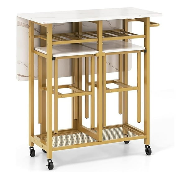 Qinyurj 3-Piece Foldable Dining Table with 2 Stools Set with Wine Rack White