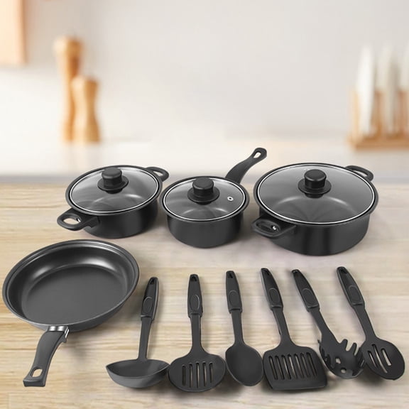 Qiopertar 13-Piece Non-Stick Cookware Set, Maifan Stone Coating Pots Pans with Glass Lids, Frying Pan Soup Pot Milk Pan Spatula Set for Kitchen Cooking, Black