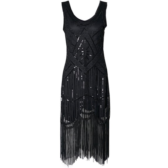 Qiopertar 1920s Vintage Sequin Dress for Women Retro Fringe Cocktail Party Short Dress Sleeveless V Neck Elegant Evening Gown, Black XL