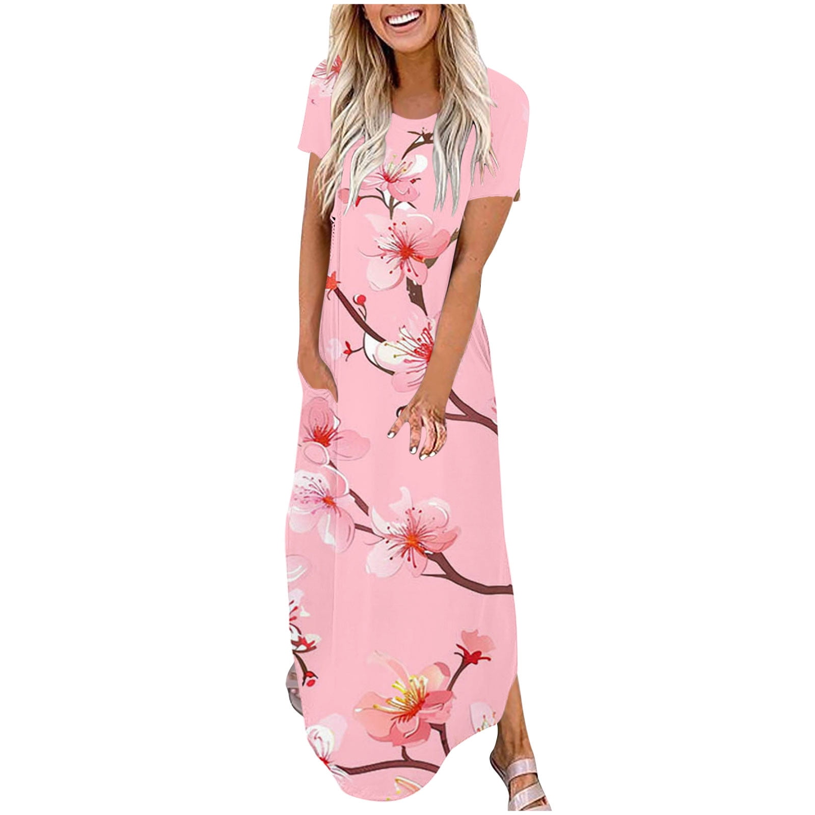 Women's Summer Maxi Dress - Short Sleeve, V-Neck, Side Split With Pockets, Floral Or Solid Colors - View #10