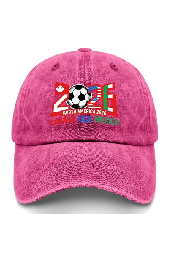 2026 World Cup Host Nations Cap, USA Canada Mexico Soccer Football Supporters Hat, Adjustable Washed Cotton Low-Profile Baseball Cap for Men Women Fans, Hot Pink