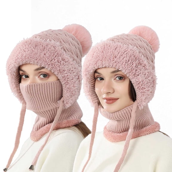 Qiopertar 3-in-1 Knitted Hat Scarf Mask Set for Women, Winter Warm Fleece Lined Ski Balaclava Hood, Cold Weather Windproof Knitted Beanie Scarf Combo for Snow Sports Travel, Pink