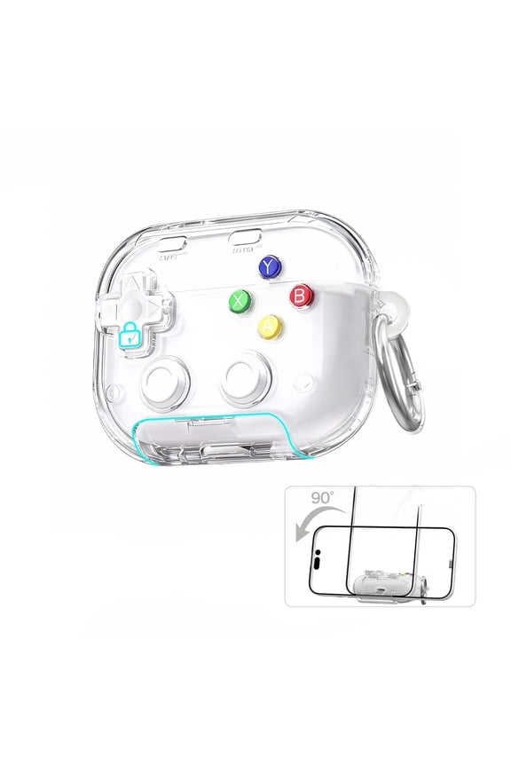 3-in-1 Transparent Headphone Protective Case with Phone Stand, Gaming Controller Design Shock-Absorbent Earbuds Case, Portable Charging-Compatible Keychain Hook for Pro Accessories