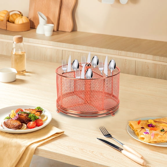 Qiopertar 360° Rotating Cutlery Organizer, Metal Rotating Cutlery Rack with 4 Compartments, Spinning Utensil Holder for Kitchen Table Restaurant Dining Countertop, Rose Gold