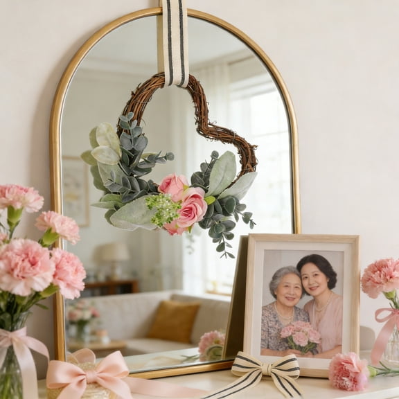 Qiopertar 5.91 Inch Mother's Day Heart Wreath, Multicolor Artificial Spring Wreath with Plastic Leaves Flowers, Heartfelt Mother's Day Gift Wreath for Home Garden Party