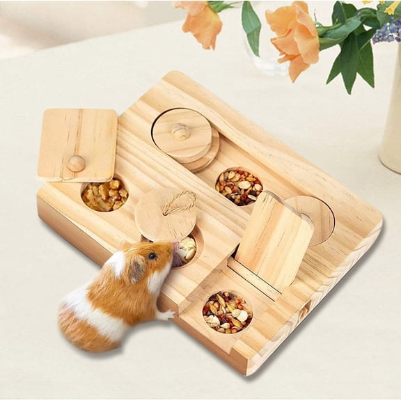 Qiopertar 6-in-1 Wooden Foraging Toy, Interactive Treat Dispenser Puzzle Game for Small Pets, Enrichment Toys for Guinea Pigs Rabbits Hamsters Chinchillas Rats Gerbils