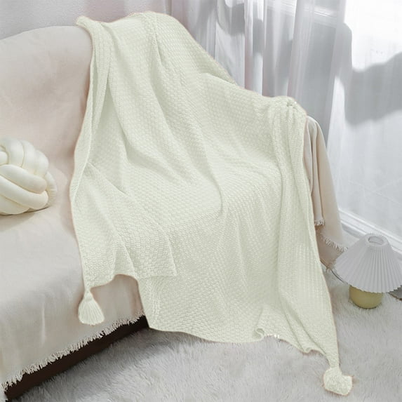 Qiopertar Acrylic Knitted Sofa Blanket, Wind Fringe Throw Blanket for Office Conditioning Nap, Cozy Decorative Cover for Bed Couch Travel Gift, White