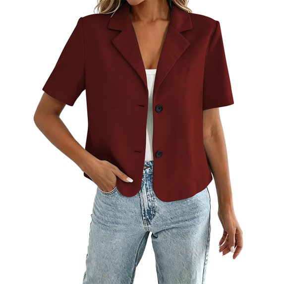 Qiopertar Blazer for Women Short Sleeve Button Down Collar Casual Lightweight Soft Slim Business Work Jacket Solid Summer Suit Jacket Wine 3XL