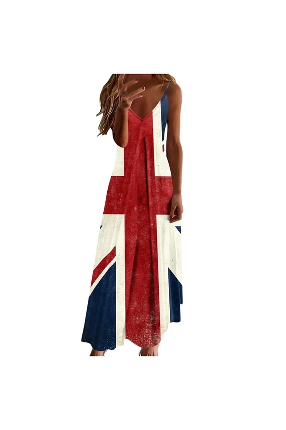 British Flag Print Round Neck Dress for Women Sleeveless Maxi Dress Casual Vacation Beach Party Fashion Trendy Flowy Ankle Length Dress, XXL