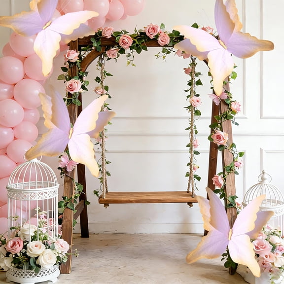 Qiopertar Butterfly Window Decorations, 3D Plastic Butterflys Veils Flower for Outdoor Wedding Party, Removable Hanging Decoration for Festival Birthday Valentines Day Courtyard Scene, Pink