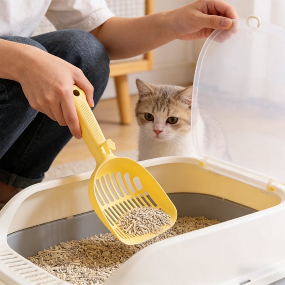 Qiopertar Cat Litter Scoop with Handle, Efficient Sifting Litter Box Scooper for Cats, Plastic Cat Litter Sifter Scoop with Hook for Indoor Kittens Pets, Yellow