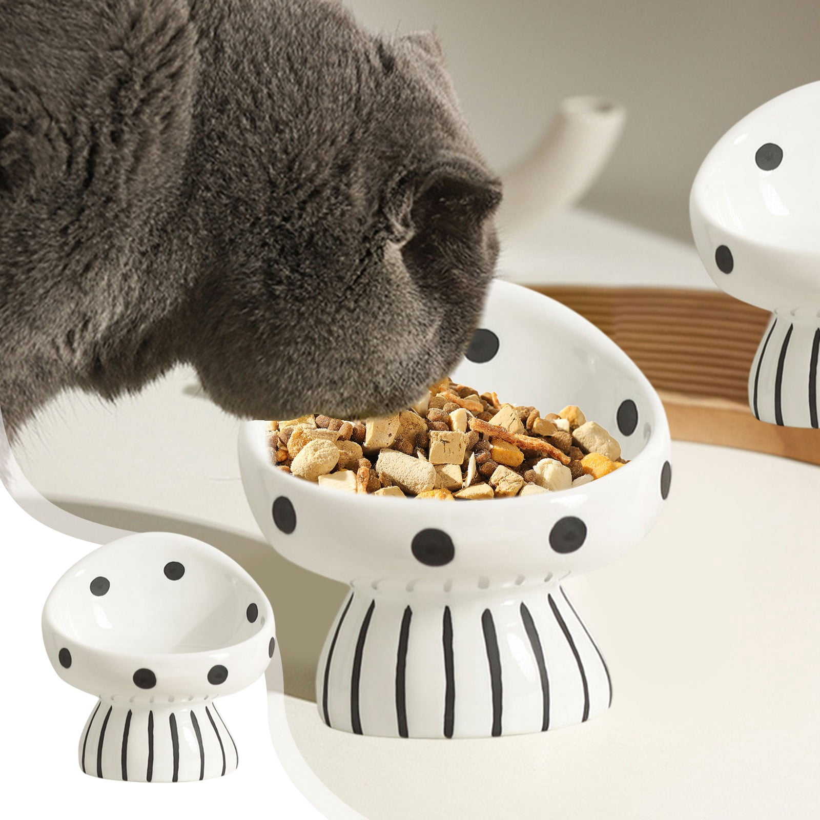 Qiopertar Ceramics Pet Bowl Set, Wide Mouth Elevated Neck Support Feeder, Non-Slip Mushroom Design Pet Food Bowl for Cats Dogs, White