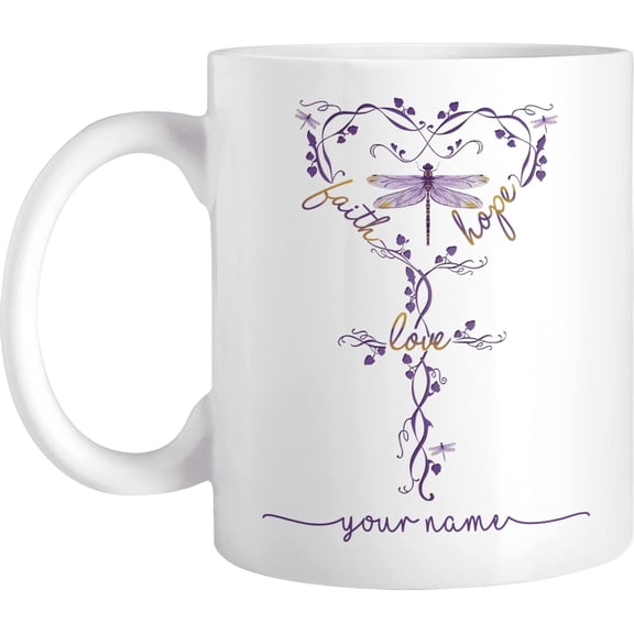Personalized Coffee Mug, Faith Hope Love Dragonfly, Customized Novelty Cup, Name Custom Hot Cold Ceramic Mug, Travel Home Office Use, Gift For Women, Birthday Christmas Holiday