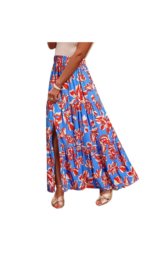 Cotton Linen Maxi Skirts for Women Boho Floral Print High Waist A-Line Split Midi Skirts with Pockets Spring Summer Casual Beach Vacation Flowy Skirts