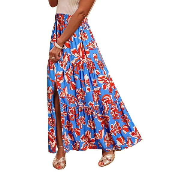 Qiopertar Cotton Linen Maxi Skirts for Women Boho Floral Print High Waist A-Line Split Midi Skirts with Pockets Spring Summer Casual Beach Vacation Flowy