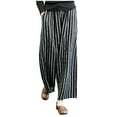 thumbnail image 1 of Qiopertar Cotton Linen Pants for Women Bohemian Striped Wide Leg Trousers Summer Casual High Waist Elastic Drawstring with Pockets Flowy Straight Leg Pants, Black XXL, 1 of 7