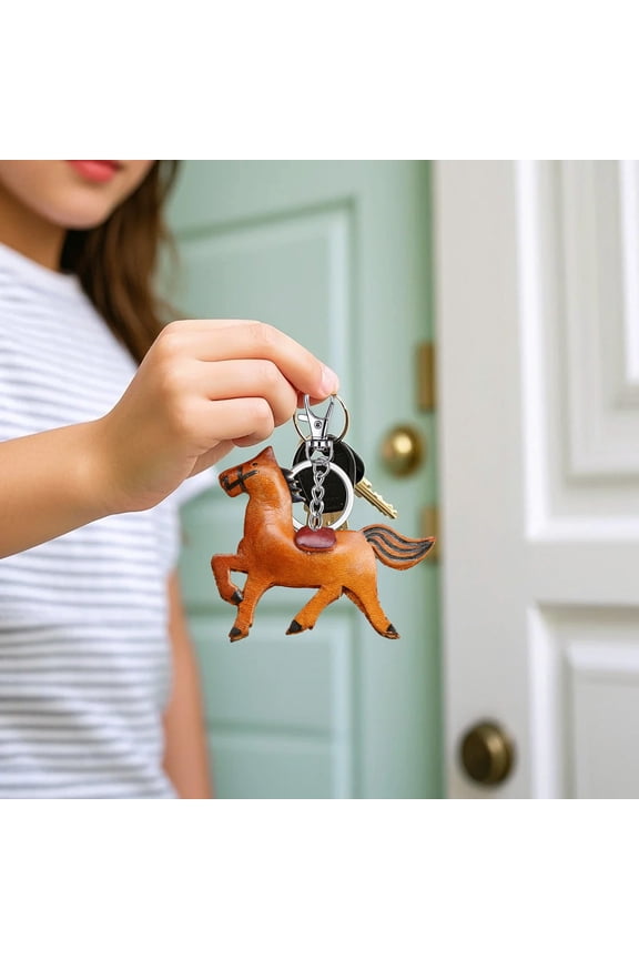 Cowhide Horse Keychain, Personalized Mini Horse Keychain Leather Keyring, Cute Horse Shape Gift for Keys Bag Charm Home Decor, Brown