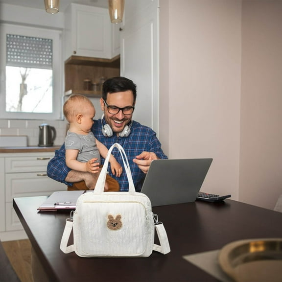 Qiopertar Cute Baby Diaper Bag Tote, Quilted Nylon Diaper Backpack with Insulated Pockets, Multi-Pocket Maternity Travel Bag for Stroller Crossbody Storage, White