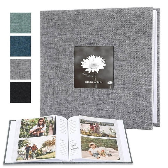 Qiopertar DIY Linen Photo Album with Writing Space, 200 Capacity Clear PVC-Free Pocket Pages, Scrapbook Memory Book for Photos Keepsakes Wedding Travel, Gray