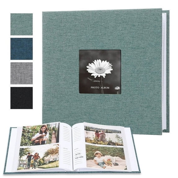 Qiopertar DIY Linen Photo Album with Writing Space, 200 Capacity Clear PVC-Free Pocket Pages, Scrapbook Memory Book for Photos Keepsakes Wedding Travel, Green