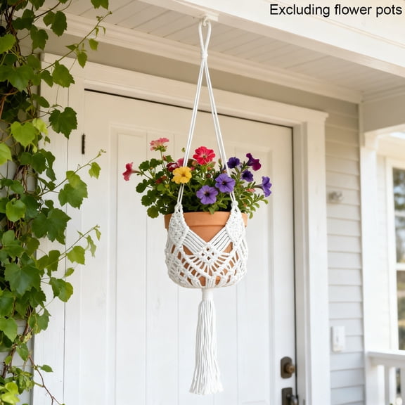 Qiopertar DIY Woven Hanging Basket Kit, Macrame Hanger with Soft Cotton Cord, Handcrafted Flower Pot Holder for Indoor Outdoor Wall Decor, White