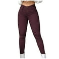 thumbnail image 1 of Qiopertar Denim Overalls for Women Mid-Waist Pocket Skinny Pants Spring Summer Casual Workwear Jumpsuit with Pockets, Wine XXL, 1 of 7