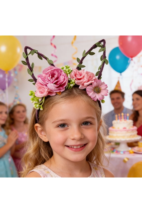 Easter Bunny Ear Headband, Floral Forest Style Wreath Headband, Artificial Flower Hair Accessory for Women Girls Party Photo Props, Pink