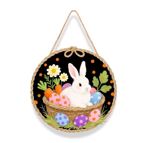 Qiopertar Easter Wreaths for Front Door, Bunny Welcome Wood Sign Door Hanger, Easter Front Door Decoration with Rope for Garden Wall Window Hanging