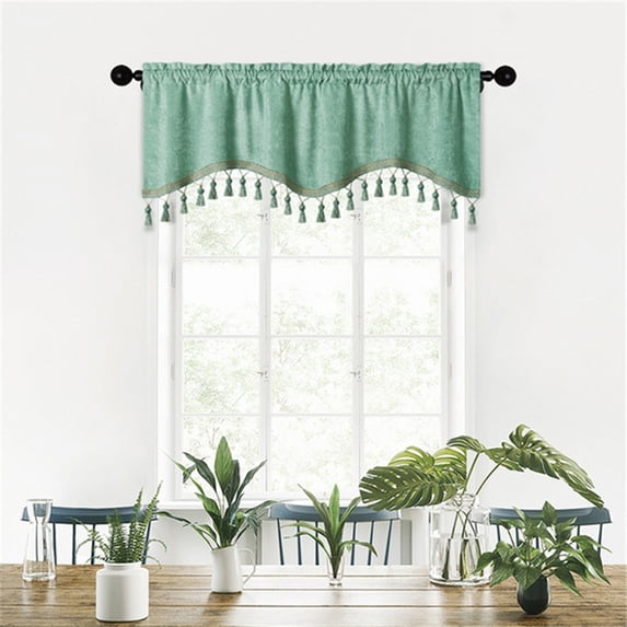 Qiopertar Elegant Fringed Window Curtains, Stylish Short Drapes Panels with Tassel Trim, Solid Color Rod Pocket Curtains for Bedroom Living Room Home Decor, Green